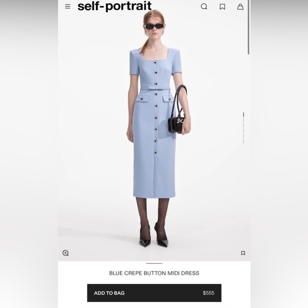Self-Portrait Powder Blue Crepe Button-Front Midi Dress